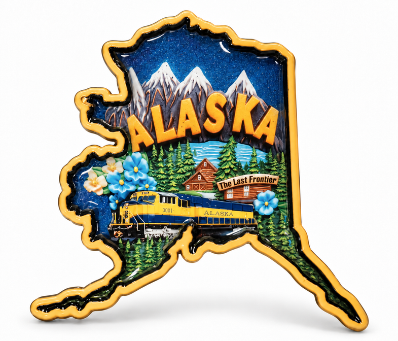 Alaska State Shape w/Railroad Train Magnet