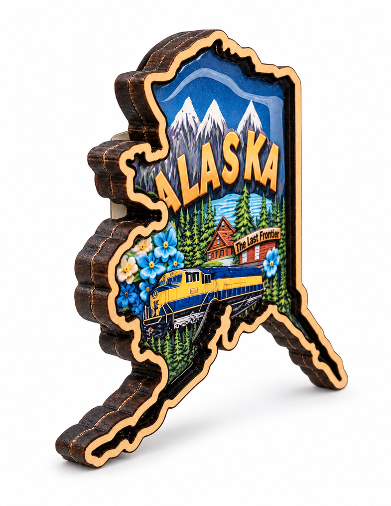 Alaska State Shape w/Railroad Train Magnet