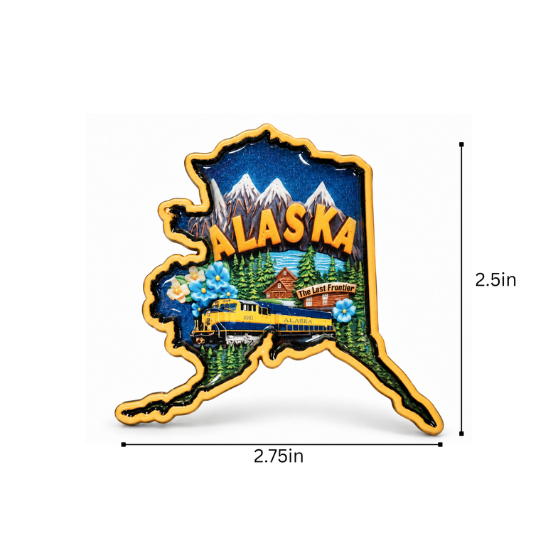 Alaska State Shape w/Railroad Train Magnet