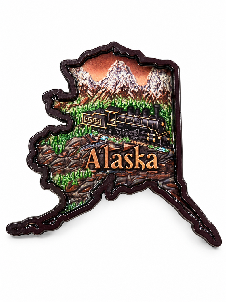 Alaska State Shape w/Train Magnet