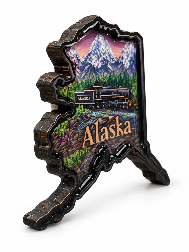 Alaska State Shape w/Train Magnet