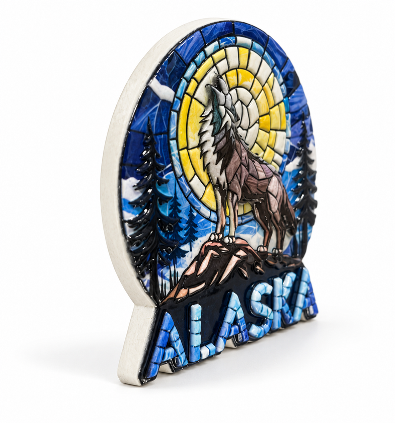 Alaska Mosaic Ceramic Wolf Magnet